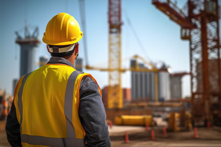 A construction worker looking out onto the building site