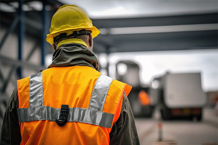 A man guiding trucks into a building site