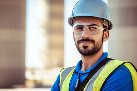 A construction worker wearing eye protection