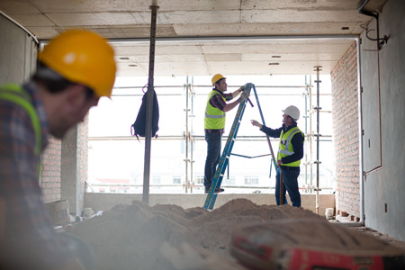 Builders using a ladder